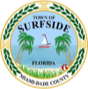A logo with palm trees and a boat