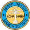 A yellow and blue circle with a palm tree and black text
