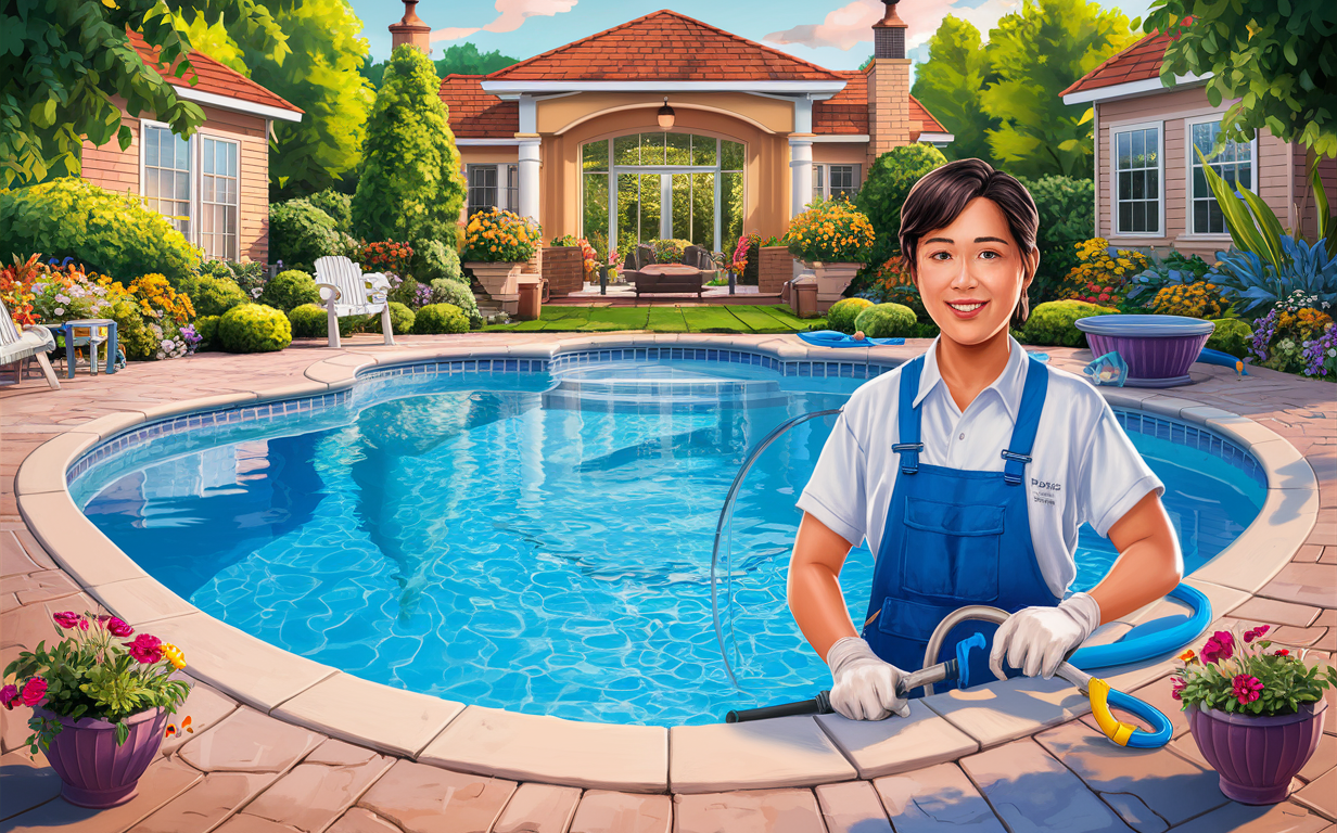 A smiling pool maintenance worker in uniform stands next to a beautiful in-ground pool surrounded by a well-manicured backyard with a luxurious house, flower gardens, and patio furniture.