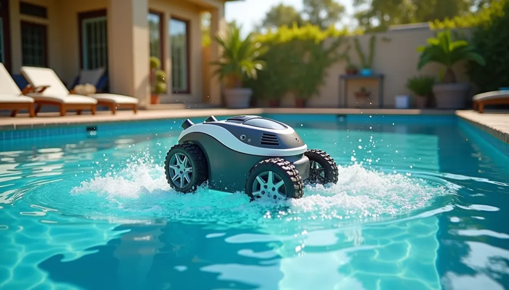 Pressure-side pool cleaner navigating through water in a residential pool