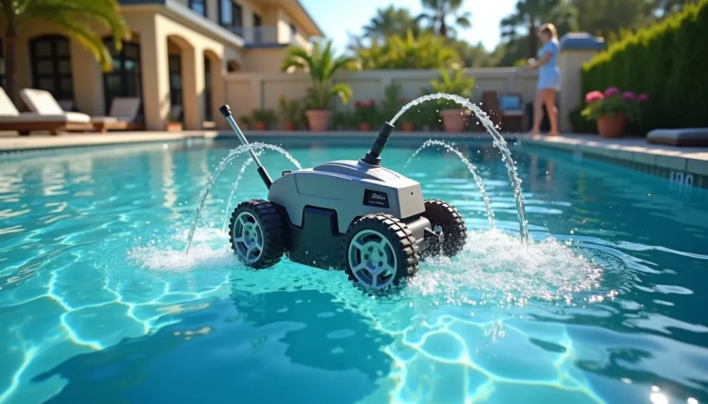 A pressure-side pool cleaner being placed into a clear pool with a person preparing to operate it
