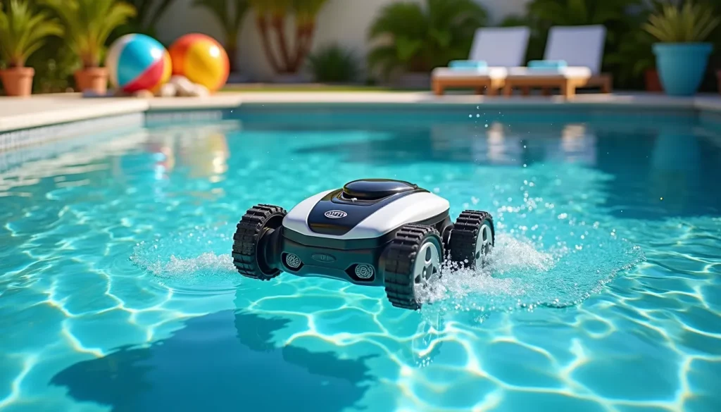 A robotic pool cleaner operating in a clear swimming pool with palm trees and lounge chairs in the background - pool vacuum and brushing method